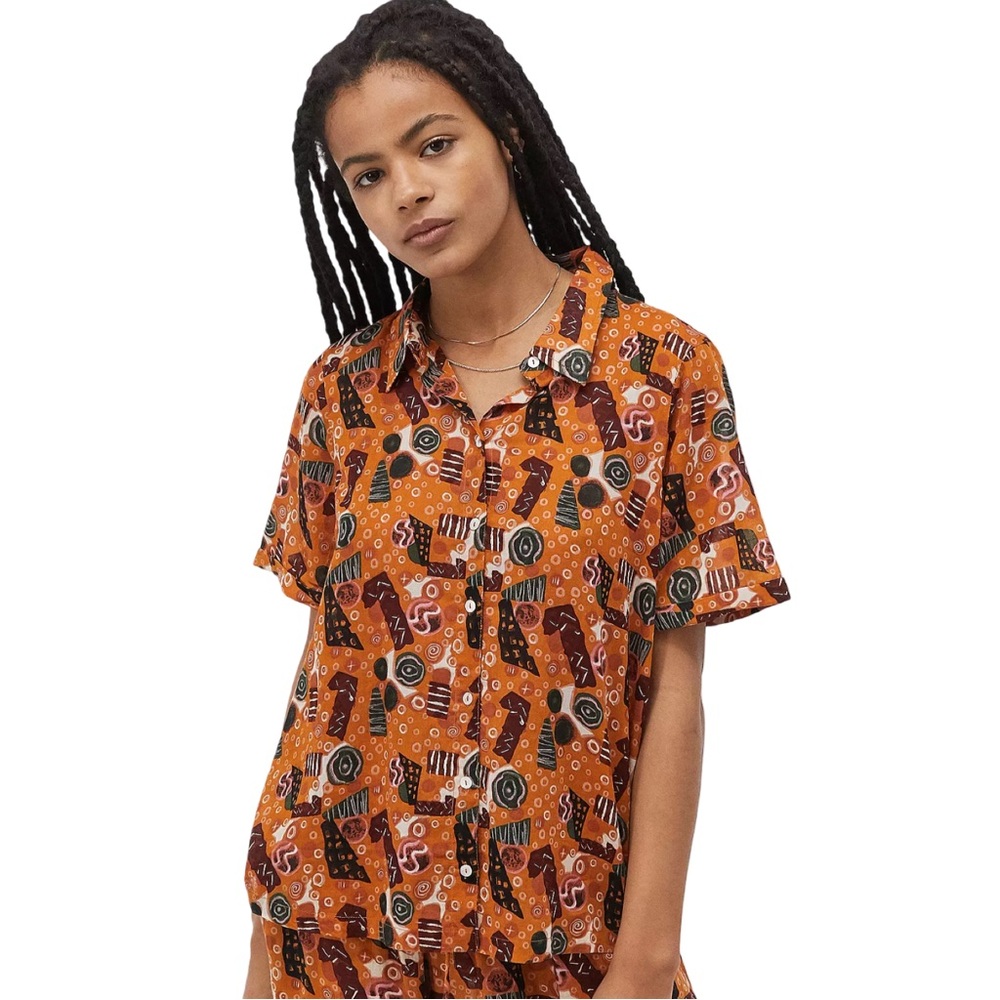 Urban Outfitters | Women’s Abstract Print Beach Shirt Orange Button Down Shirt‎